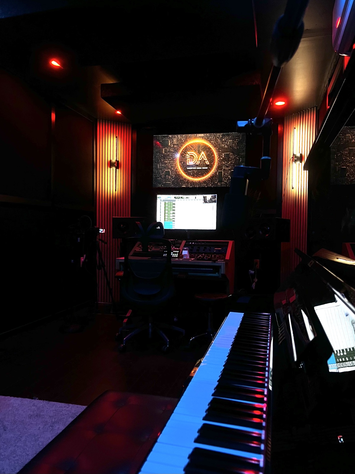 The studio from behind the piano, looking toward the mixing desk